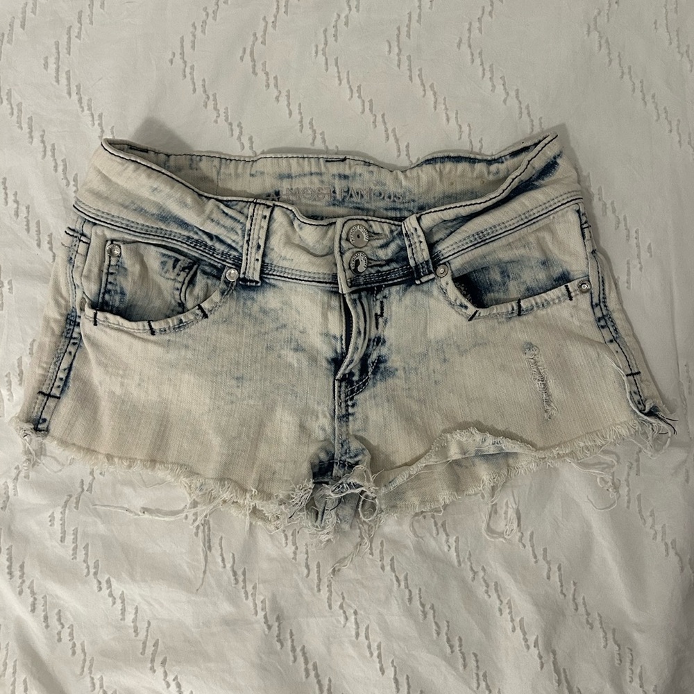 Almost Famous Juniors Acid Wash Micro Mini Denim Shorts Y2K Frayed Hem Size 9